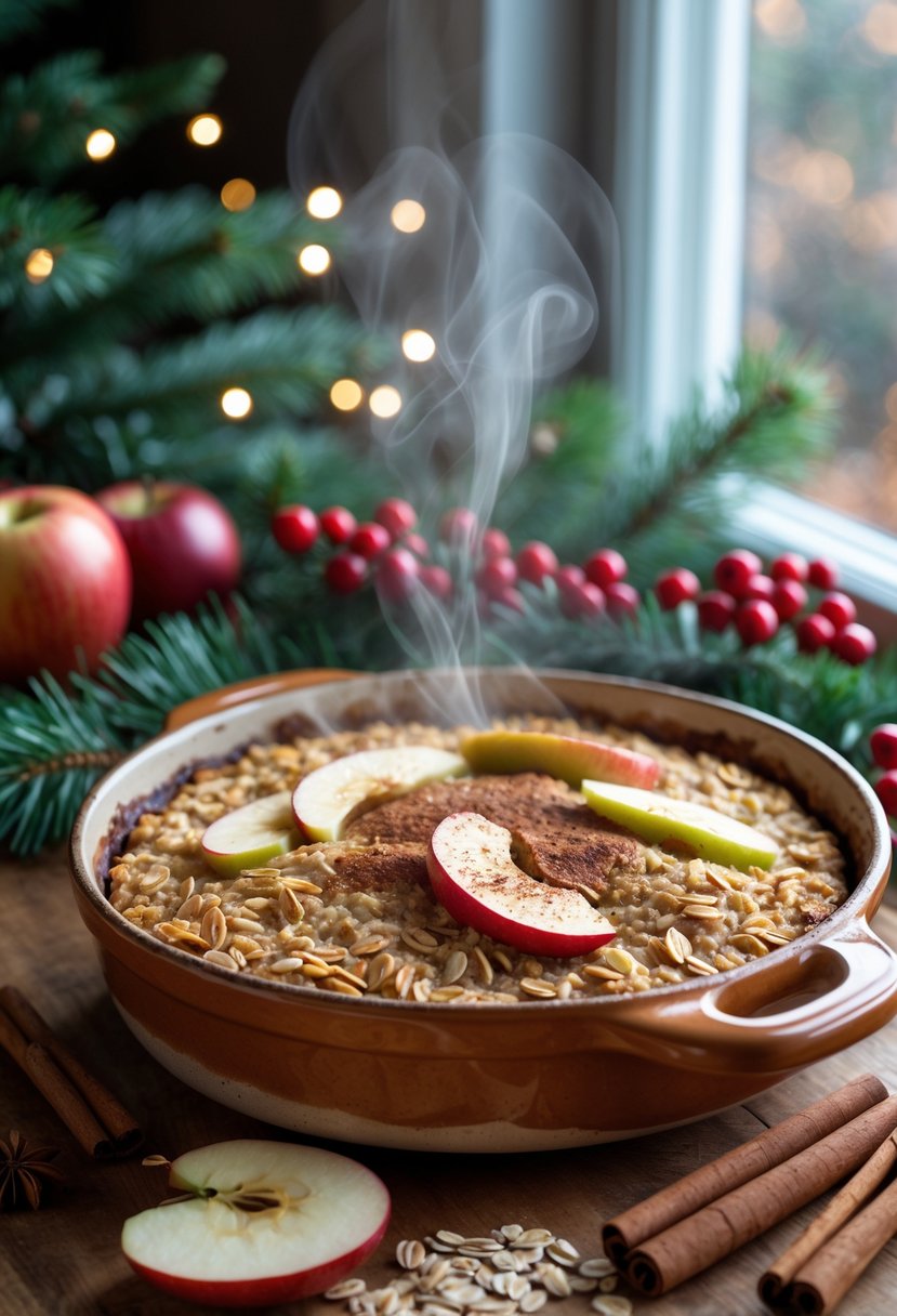 A freshly baked apple cinnamon oatmeal dish on a wooden table surrounded by Christmas decorations and ingredients.