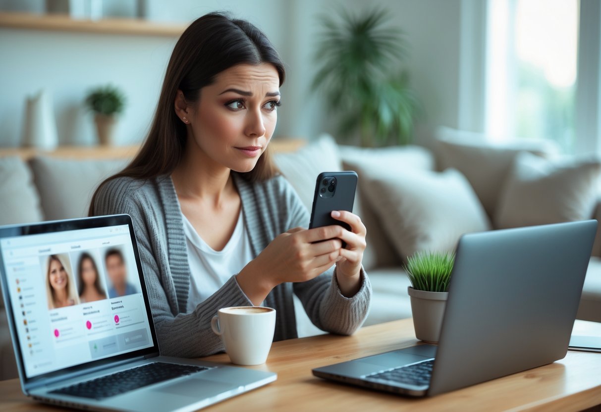 A young woman sitting at a desk looking thoughtfully at her smartphone with a laptop open in front of her in a cozy living room.