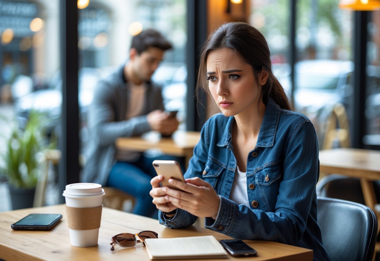 A young woman at a café looking thoughtfully at her smartphone while a young man sits nearby using his phone.