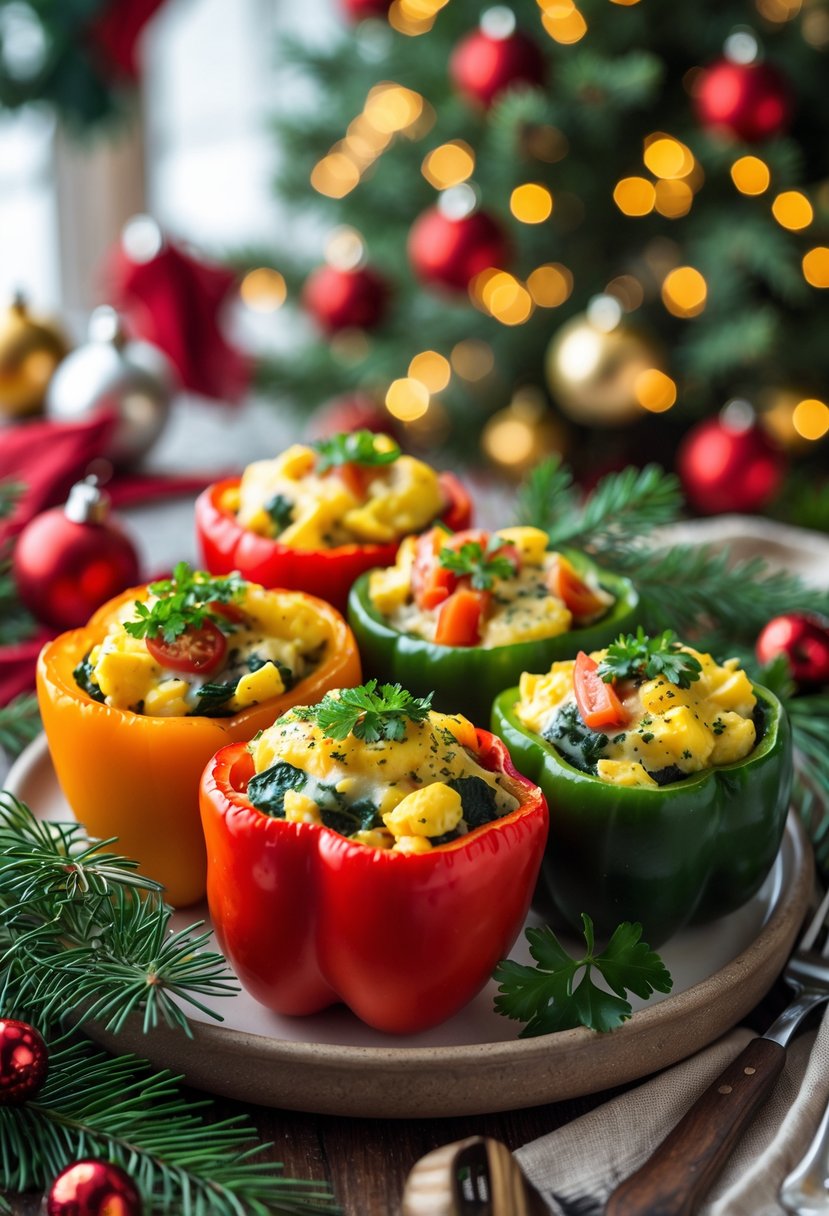 A plate of colorful stuffed breakfast peppers on a festive Christmas morning table with holiday decorations and a blurred Christmas tree in the background.
