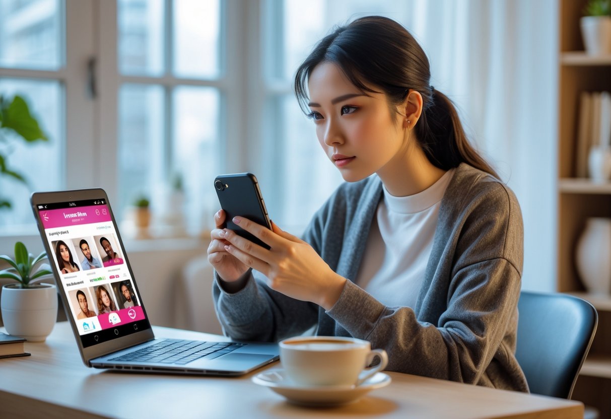 A young woman sitting at a desk looking at her smartphone with a laptop displaying a dating app in front of her.
