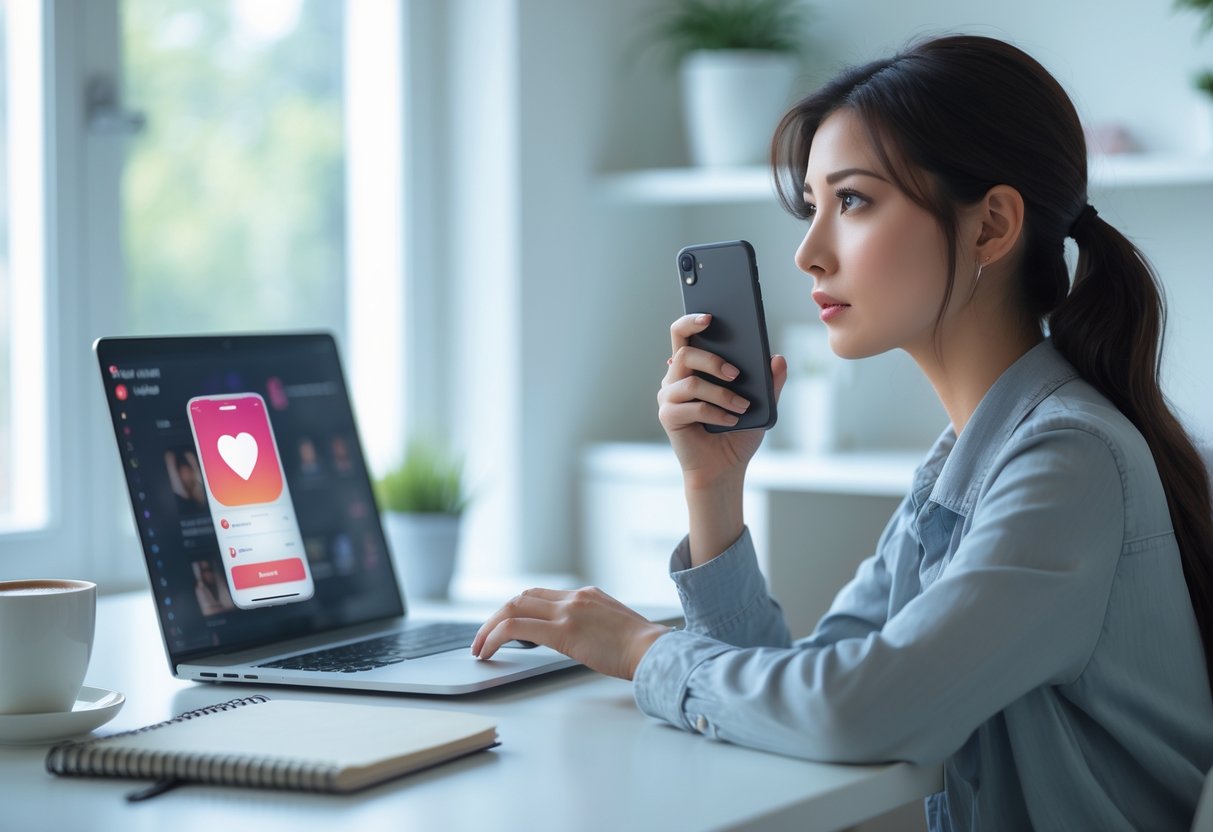 A young woman sitting at a desk looking thoughtfully at her smartphone and laptop in a bright home office.