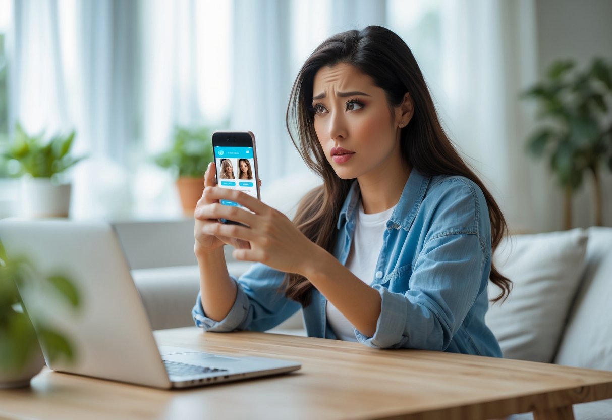 A young woman sitting at a table looking thoughtfully at her smartphone in a bright living room.