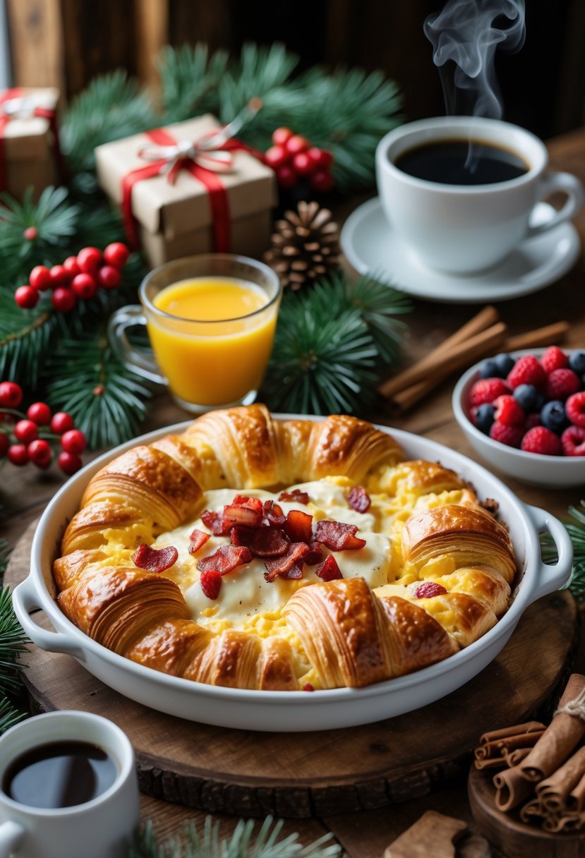 A croissant breakfast bake on a wooden table surrounded by Christmas decorations, coffee, juice, and berries.