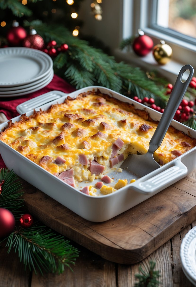 A cheesy ham and egg casserole on a wooden table with Christmas decorations around it.