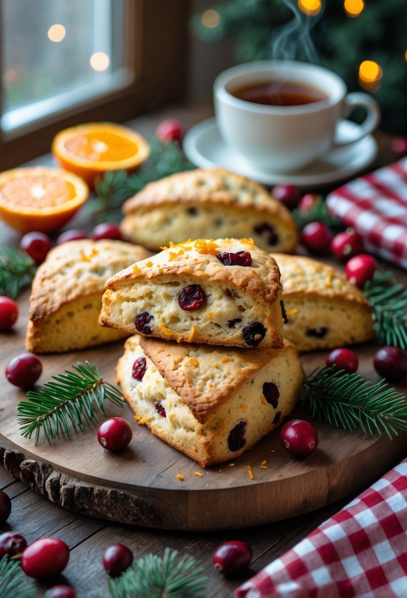 Fresh cranberry orange scones on a wooden board surrounded by cranberries, orange slices, and festive greenery on a kitchen table.