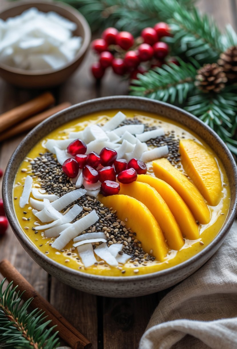 A coconut mango smoothie bowl topped with fresh mango slices, shredded coconut, chia seeds, and pomegranate seeds on a wooden table with Christmas decorations around.