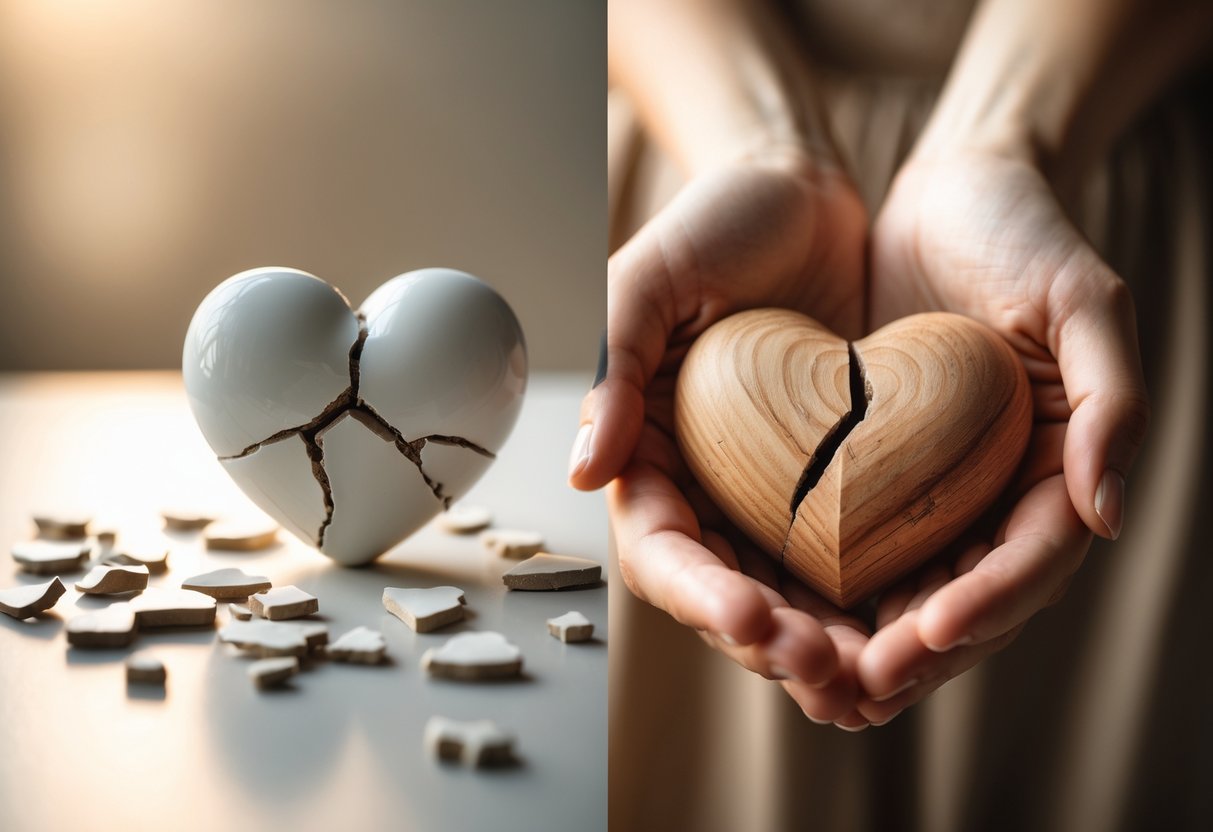 Two halves showing relationship damage: shattered porcelain heart in pieces and wooden heart with a single crack held in hands.