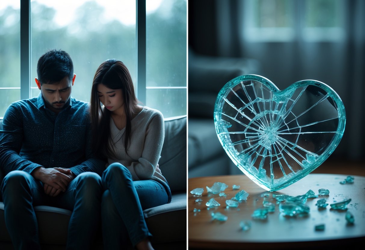 Two scenes side by side showing a sad couple sitting apart and a shattered glass heart on a table.