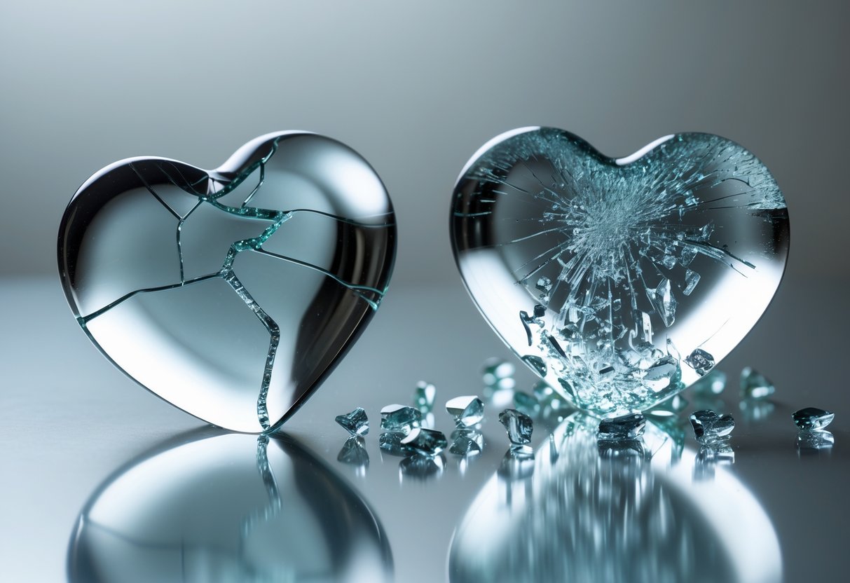 Two glass hearts on a reflective surface, one cracked but whole and the other broken into many small pieces.