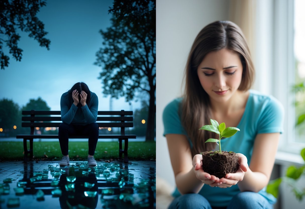 A person sitting alone on a bench looking distressed next to the same person in a bright room holding a small plant, symbolizing emotional pain and recovery.