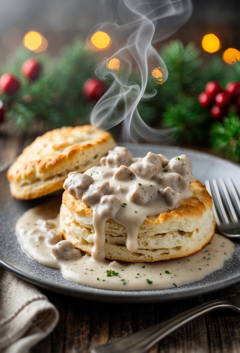 A plate of buttermilk biscuits covered with sausage gravy on a wooden table decorated for Christmas morning.