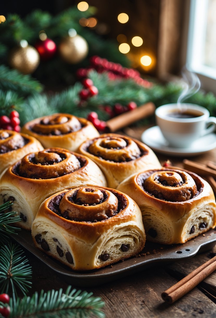 Freshly baked chocolate chip cinnamon buns on a wooden table with Christmas decorations and warm morning light.