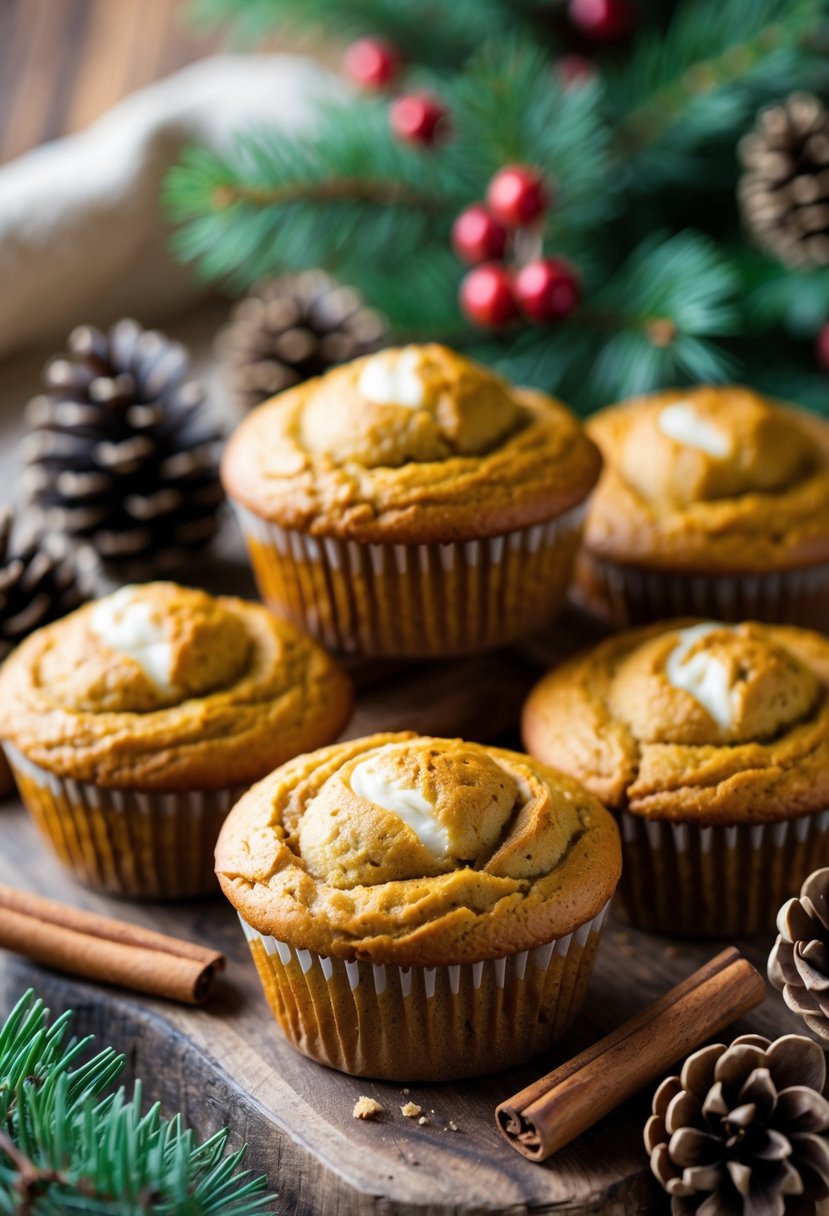 A plate of pumpkin cream cheese muffins on a wooden table decorated with pine branches, pine cones, cinnamon sticks, and red berries.
