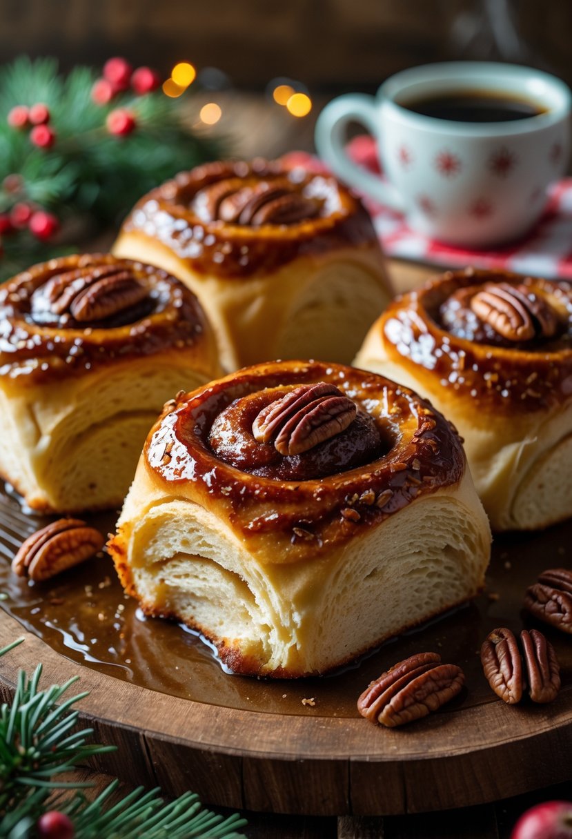 A plate of maple pecan sticky buns with pecans on top, surrounded by Christmas decorations and a warm kitchen setting.