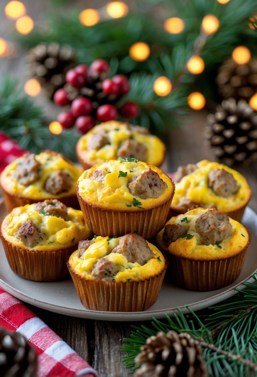 Plate of sausage and egg breakfast muffins on a wooden table with Christmas decorations and warm lights.