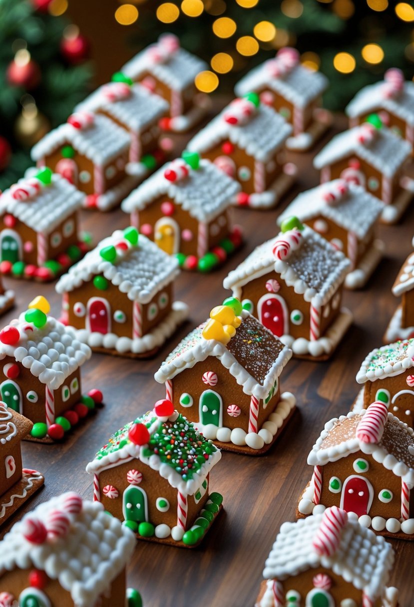 A collection of 25 decorated gingerbread houses displayed on a table with colorful candies and icing.