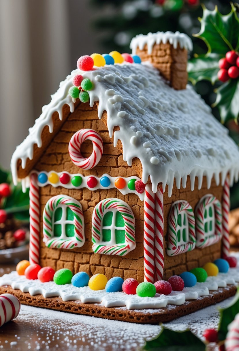 A decorated gingerbread cottage with candy and icing on a wooden surface with festive decorations around it.