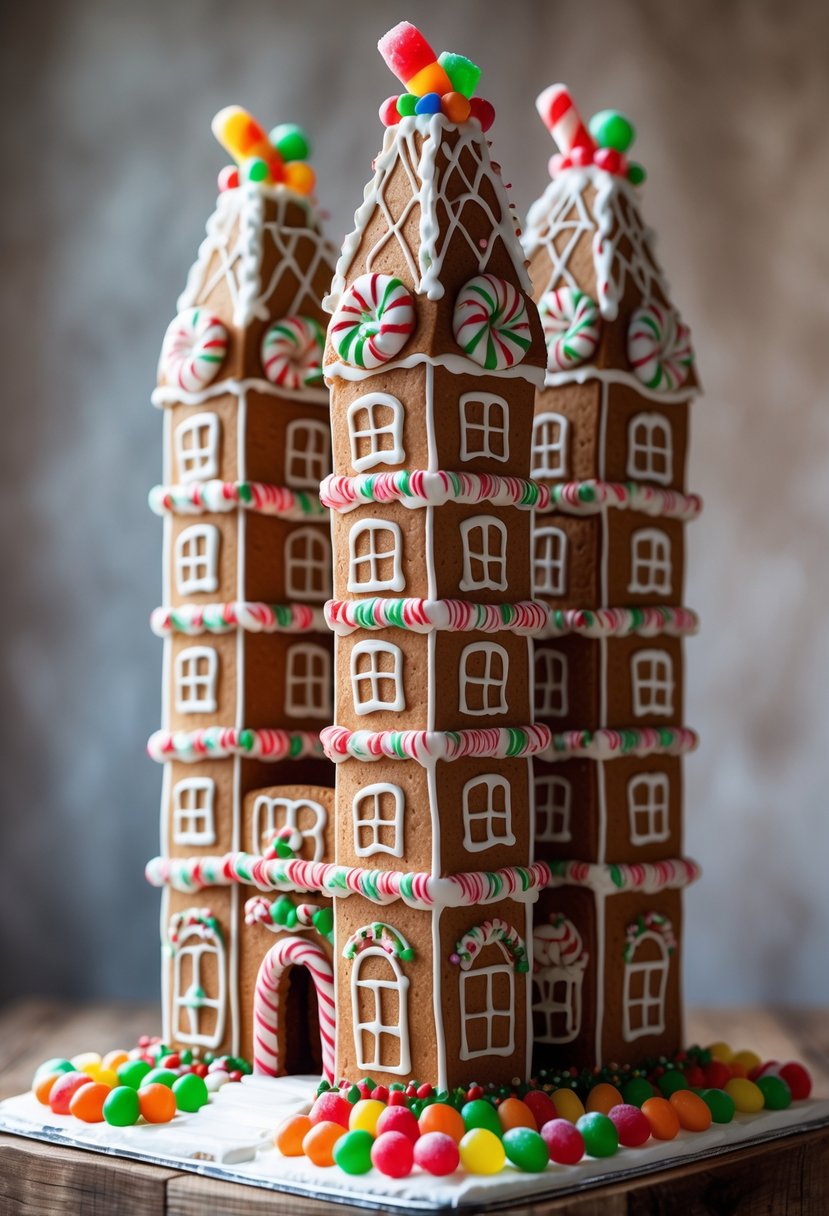 A tall, multi-story gingerbread building decorated with icing and colorful candies on a wooden surface.