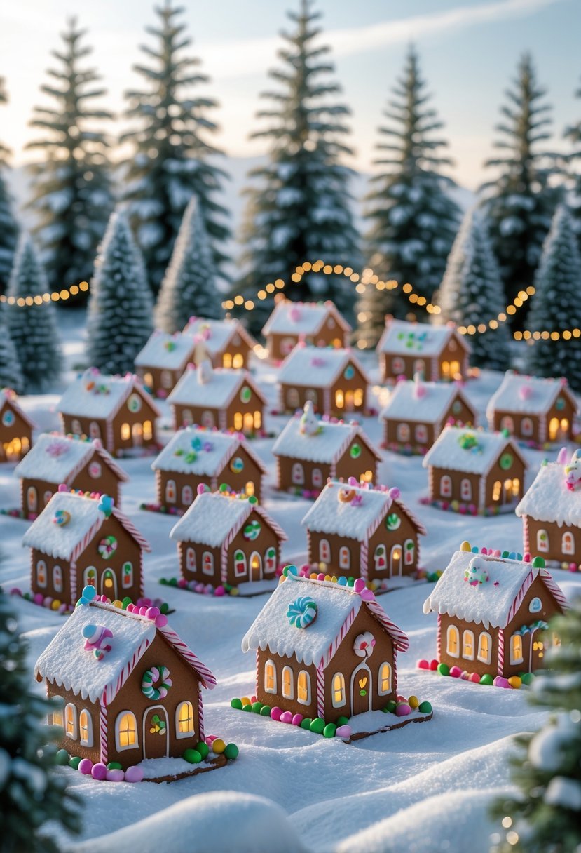 A snowy village scene with 25 decorated gingerbread houses surrounded by snow-covered trees and soft snow on the ground.