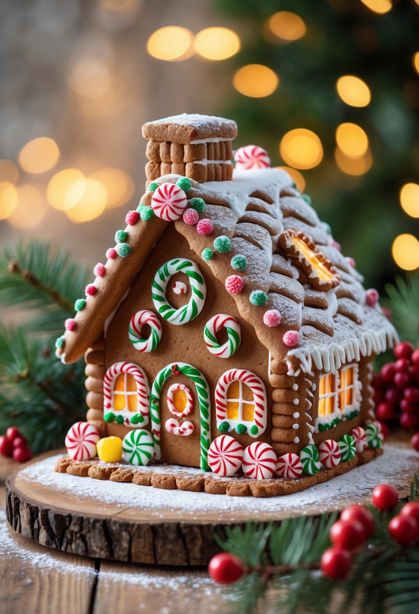 A gingerbread log cabin decorated with icing and candy, placed on a wooden surface with holiday decorations around it.