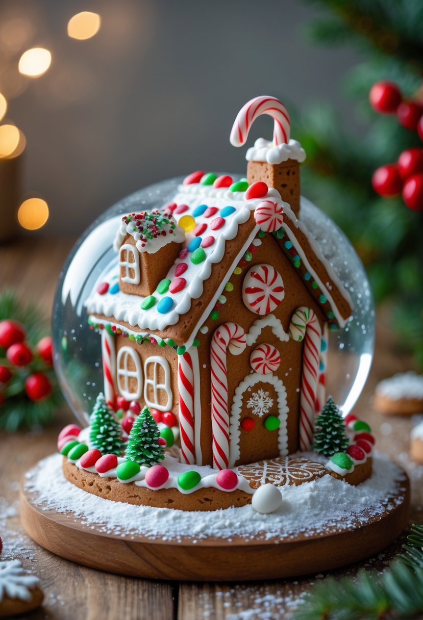 A detailed gingerbread house decorated with icing and candy, surrounded by edible snowflakes and holiday decorations.