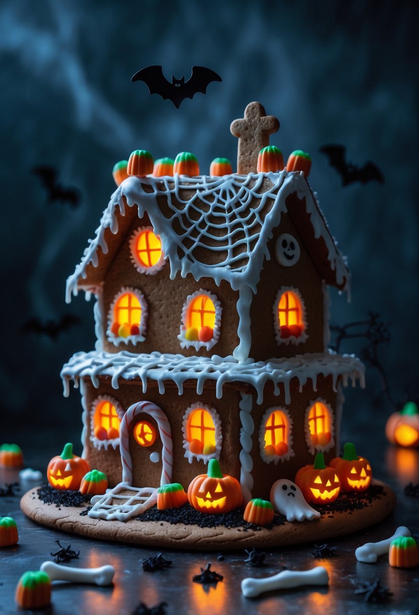 A spooky haunted gingerbread house decorated with candy pumpkins, bats, ghosts, and glowing windows surrounded by edible tombstones and candy bones.