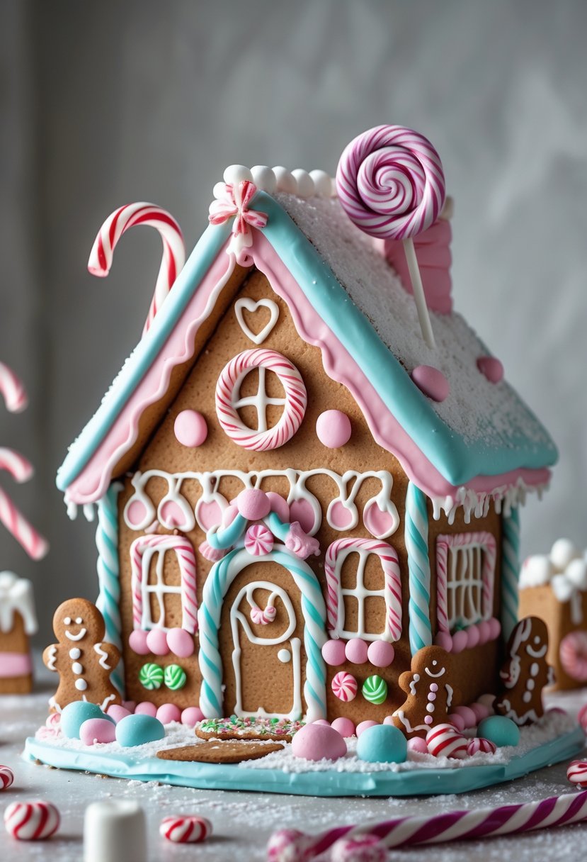 A pastel-colored gingerbread house decorated with candy and icing, surrounded by various colorful sweets.
