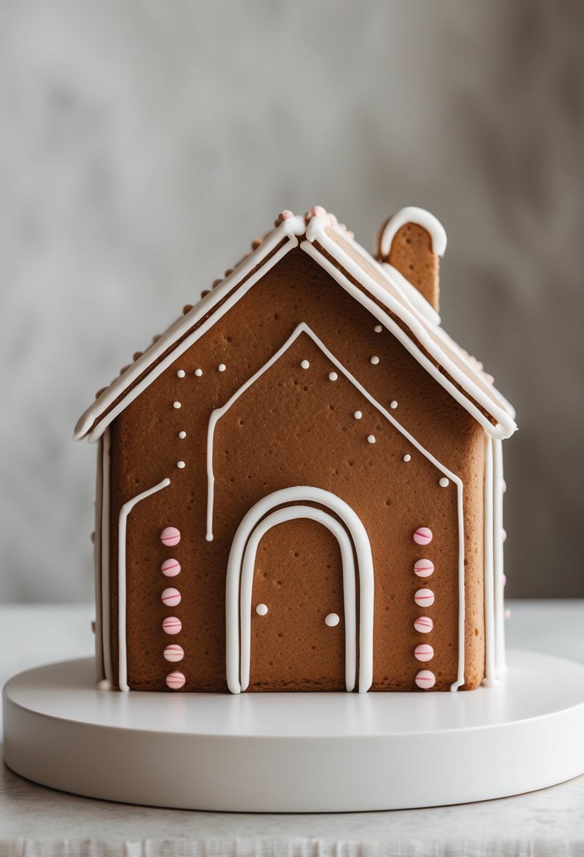 A single gingerbread house with simple decorations placed on a white surface against a blurred neutral background.
