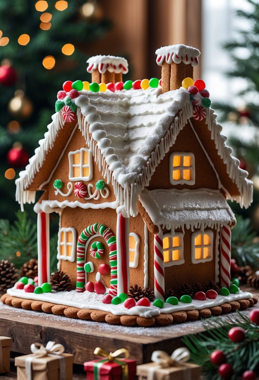A gingerbread chalet decorated with icing and candy, surrounded by pine branches and holiday decorations on a wooden surface.