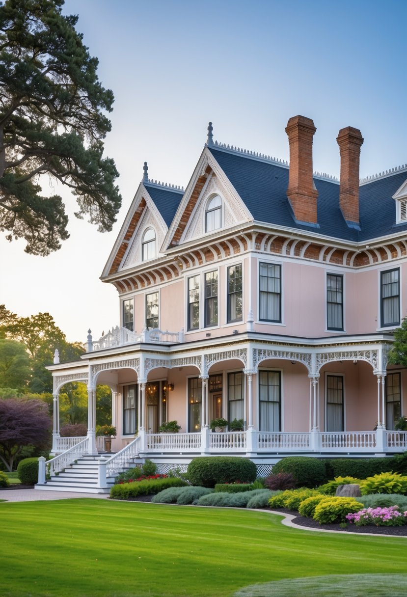 A large, ornate mansion with detailed woodwork surrounded by a garden and trees under a clear sky.