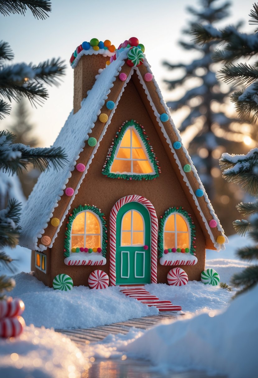 A gingerbread A-frame cabin decorated with colorful candy and icing, surrounded by snow and pine trees with warm light glowing from its windows.