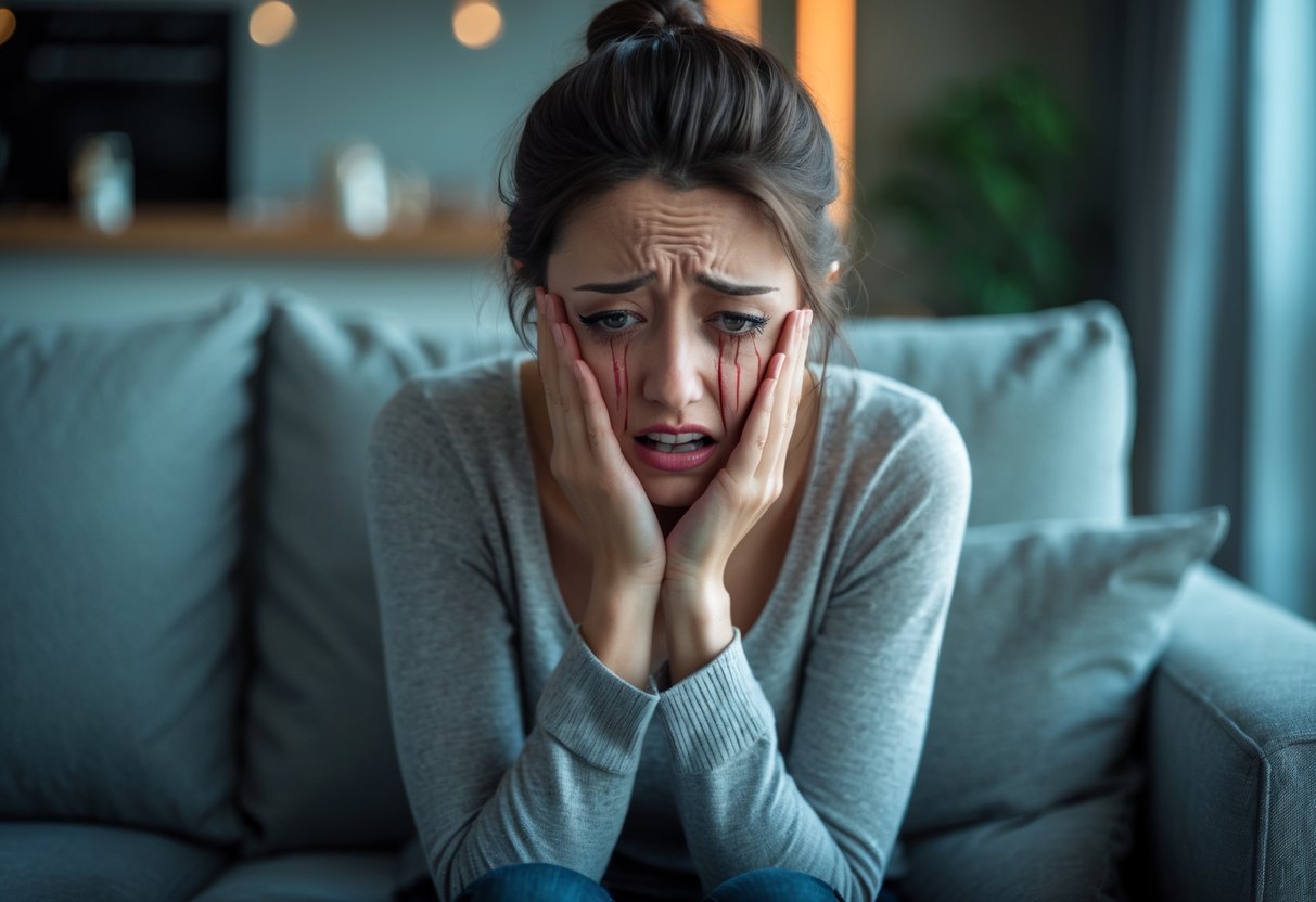A young woman sitting alone on a couch, crying and covering her mouth, showing shock and sadness.