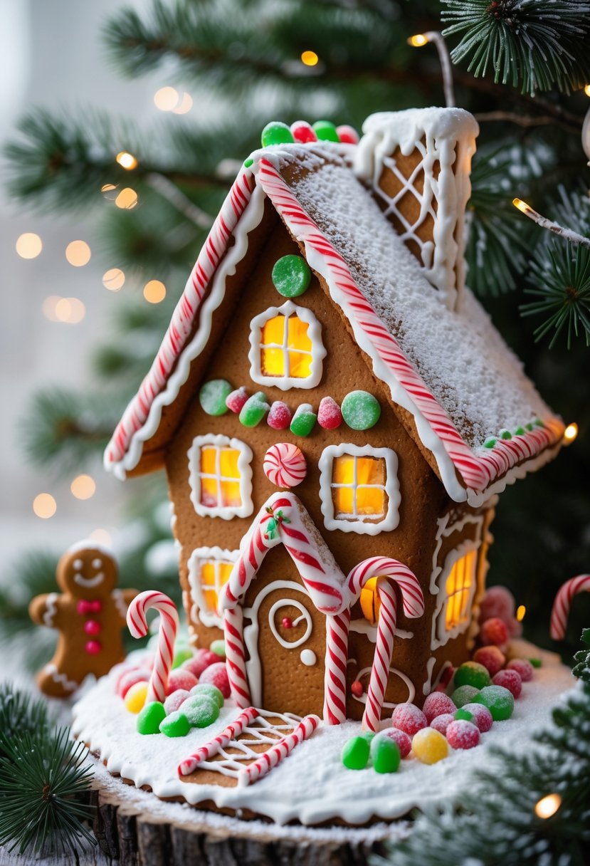 A gingerbread treehouse decorated with colorful candies and icing, nestled among snowy pine branches with holiday decorations around it.