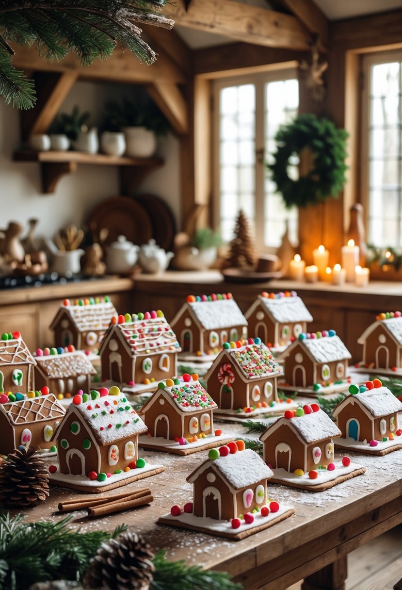 A wooden table displaying 25 decorated gingerbread houses surrounded by holiday decorations in a farmhouse kitchen.