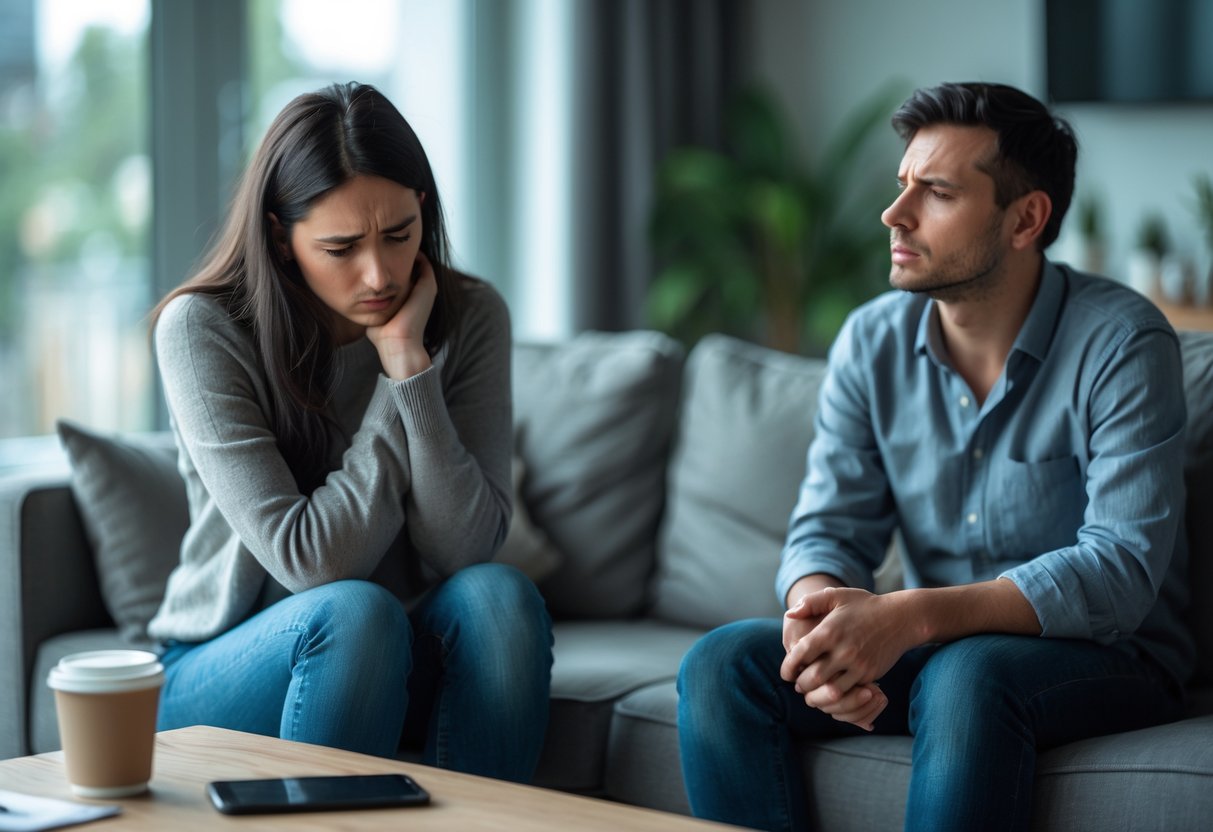 A young woman sitting on a couch looking sad and reflective while a man sits nearby looking away, both appearing tense and emotionally distant in a living room.