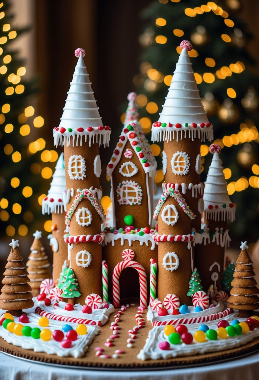 A detailed gingerbread castle decorated with colorful candies and icing on a festive table.