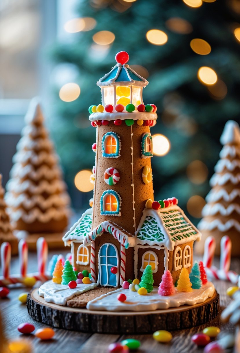A detailed gingerbread lighthouse decorated with icing and candy, surrounded by festive gingerbread house elements on a wooden surface.
