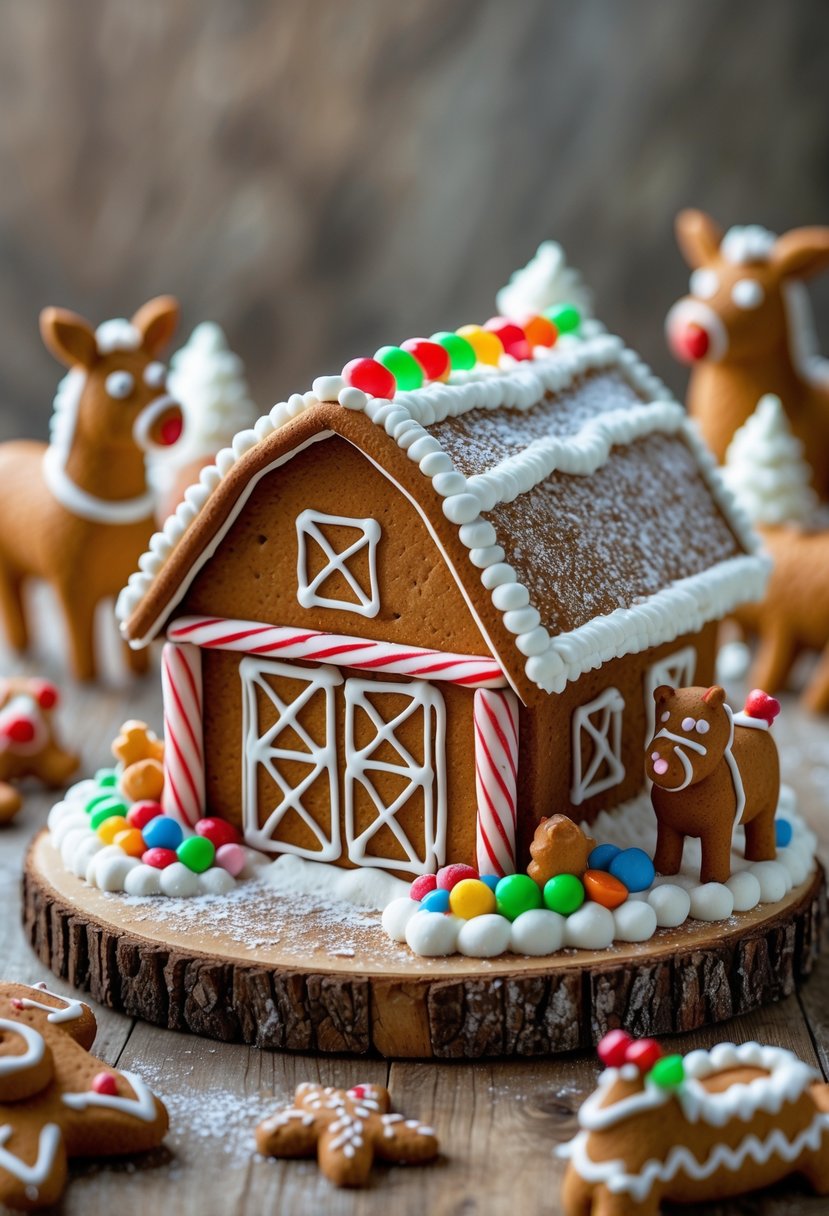 A gingerbread barn surrounded by gingerbread animals decorated with colorful icing on a wooden surface.