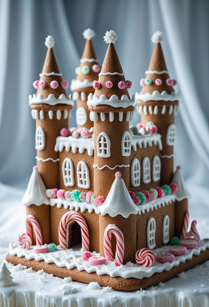 A detailed gingerbread ice castle decorated with icing and colorful candies on a snowy surface.