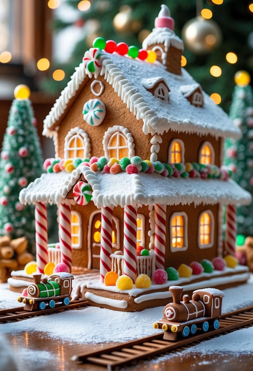 A gingerbread train station decorated with candy and icing, featuring miniature gingerbread trains and festive holiday decorations.