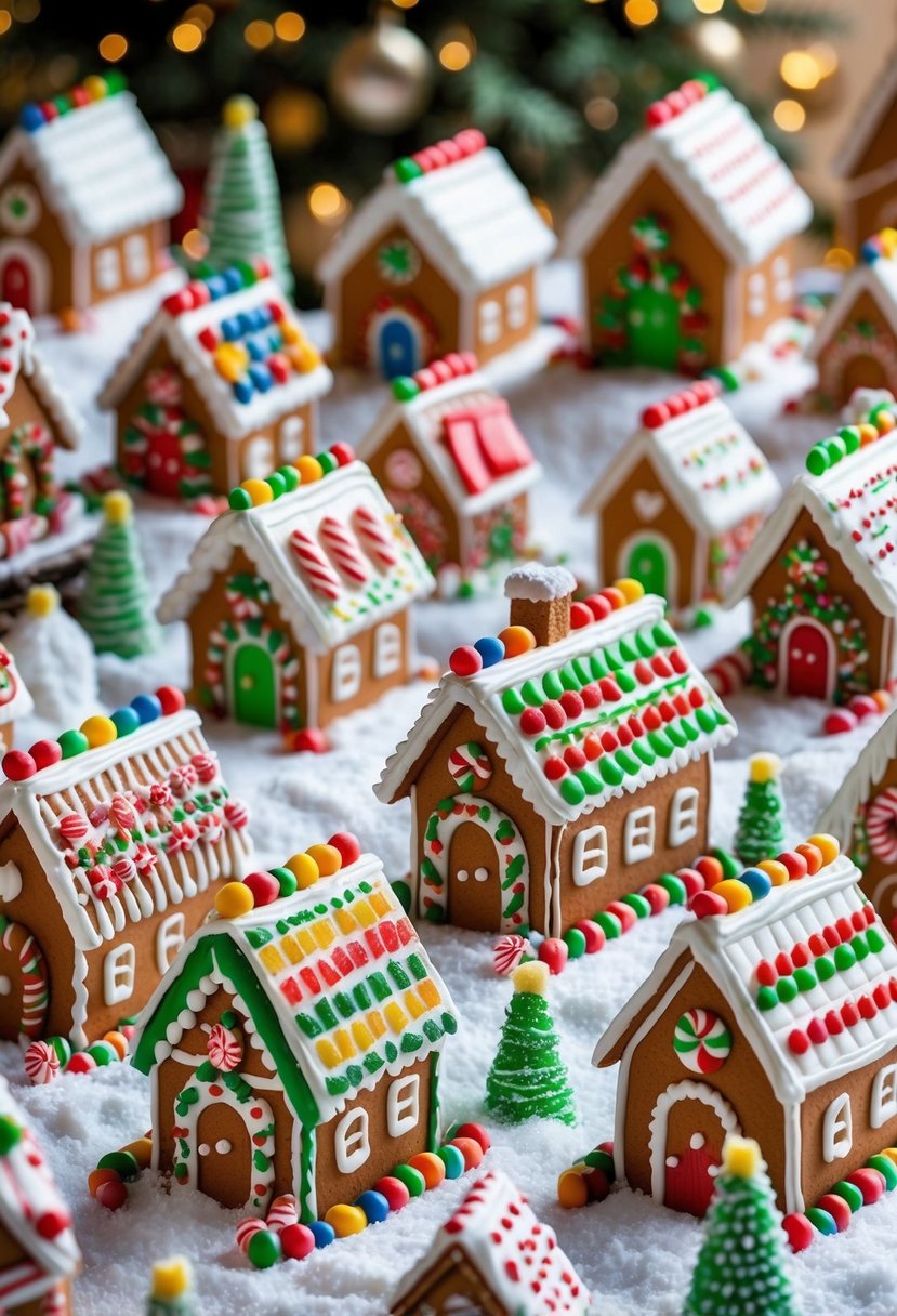 A collection of 25 decorated gingerbread houses arranged together with candy trees and snow-like frosting on a white surface.