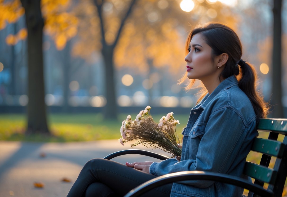 A young woman sits alone on a park bench, looking thoughtfully into the distance while holding wilted flowers.