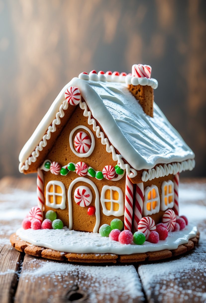 A gingerbread house with a white icing roof and colorful candy decorations on a wooden surface.