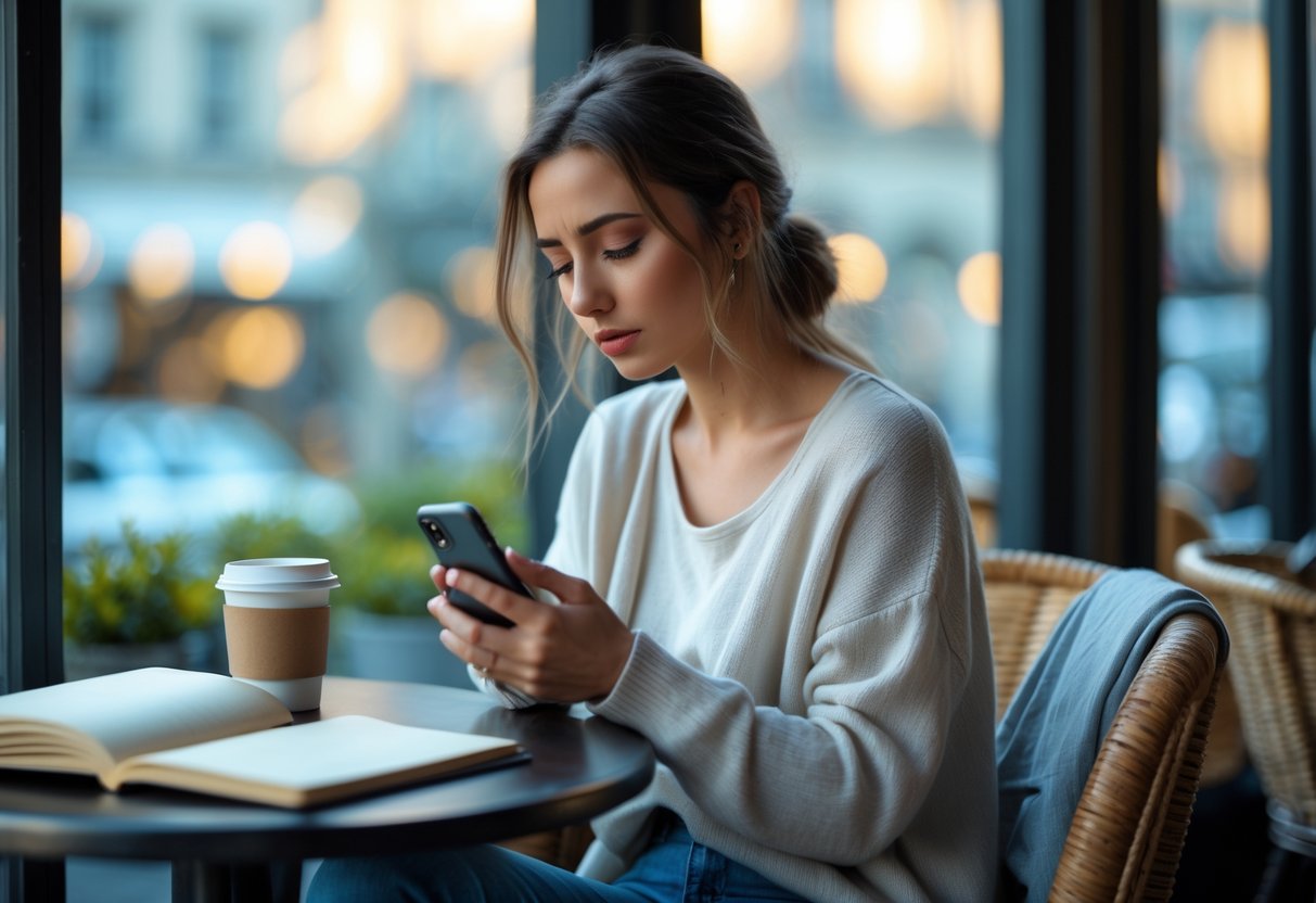 A young woman sitting alone at a café table looking thoughtfully at her smartphone with a sad expression.