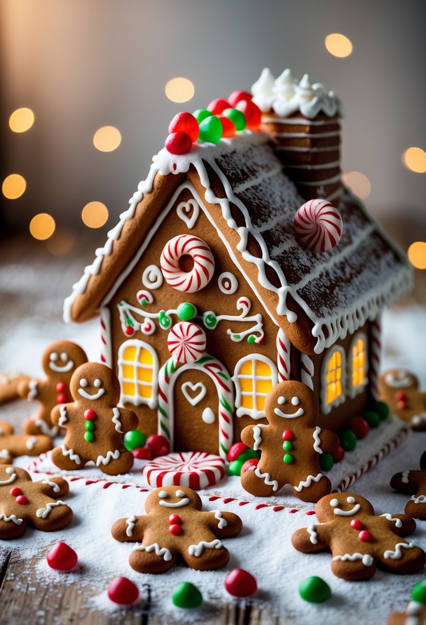 A decorated gingerbread house surrounded by gingerbread men cookies on a wooden surface dusted with powdered sugar.