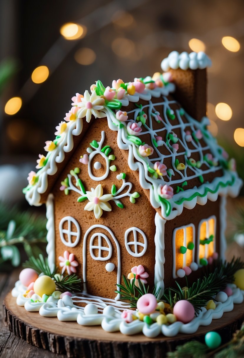 A gingerbread house decorated with colorful floral icing designs on a wooden surface with candy accents.