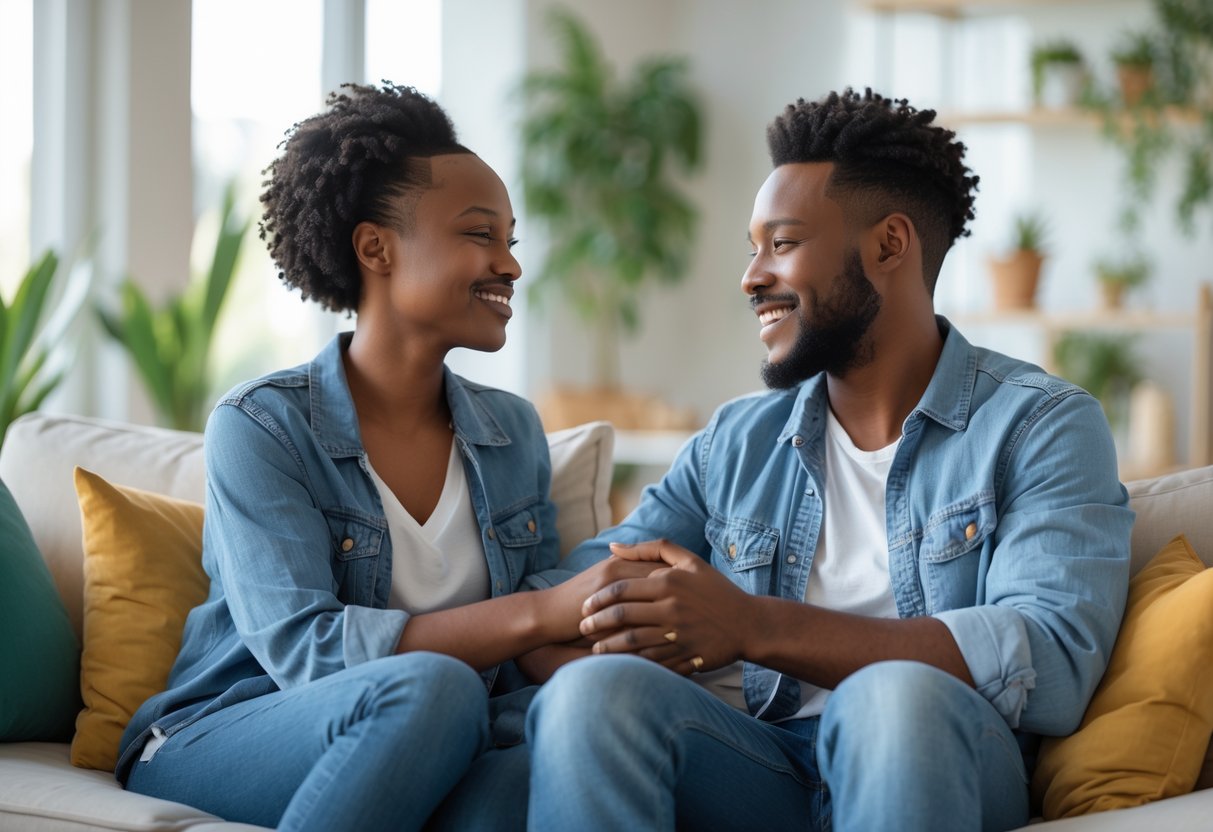 A couple sitting closely on a couch holding hands and smiling at each other in a bright living room.