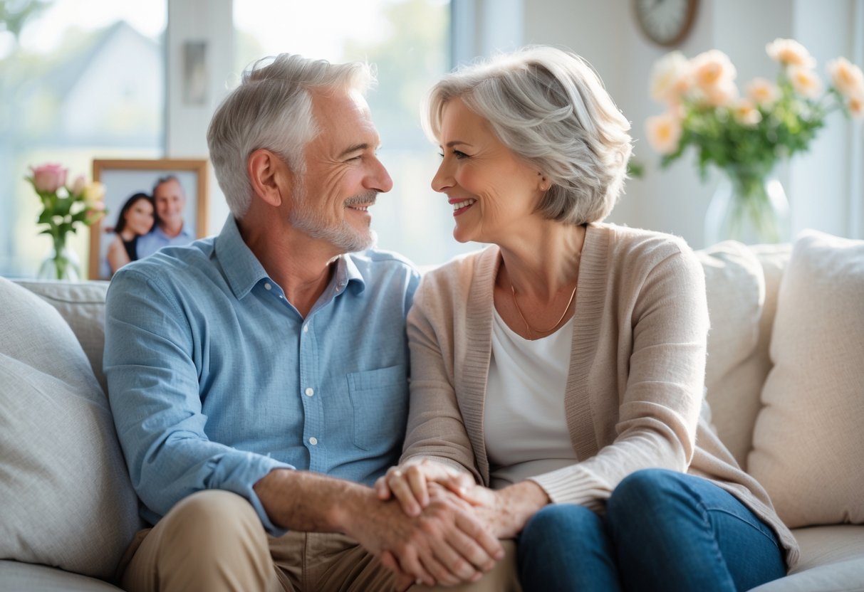 A mature couple sitting closely on a couch, holding hands and looking at each other with gentle smiles in a bright living room.