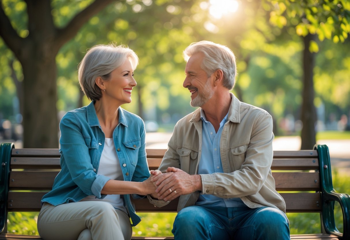A mature couple sitting on a park bench holding hands and smiling at each other during a sunny day.